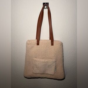 Arcadia Encore Ivory Sherpa Faux Fur Tote Bag Brown Strap Front Pocket